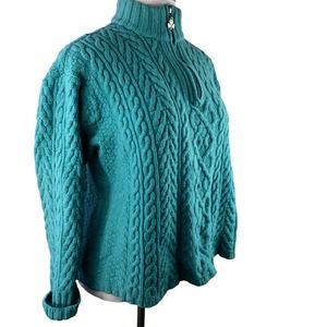 Aran Crafts Cable Knit Wool Sweater Teal Turquoise 1/4 Quarter Zip Ireland XL